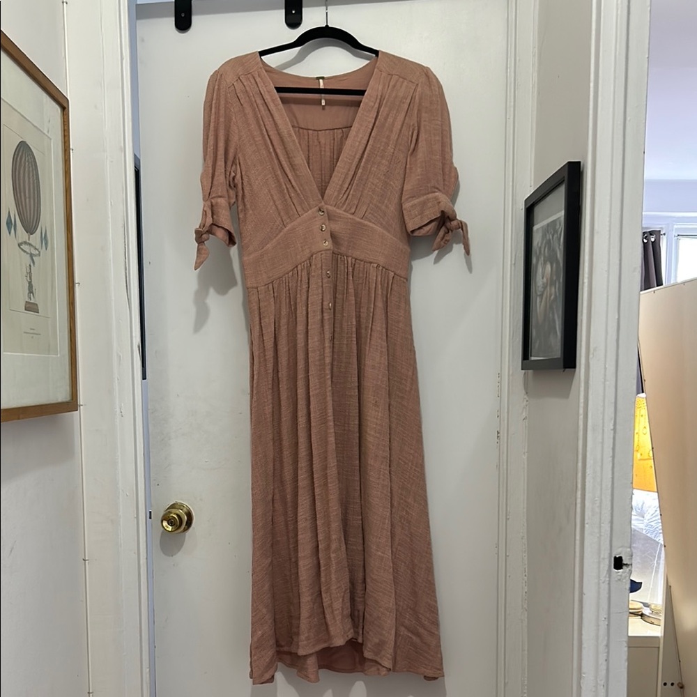 Pink Ruched Pleated Midi Sundress with Flutter Sleeves